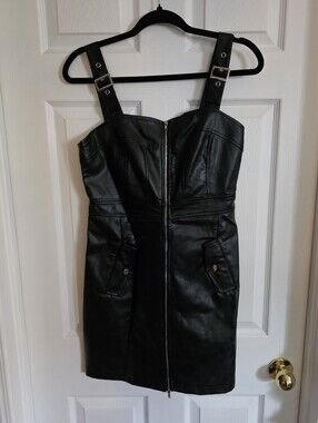 SHEIN X Black Faux Leather Zip-Front Mini Dress